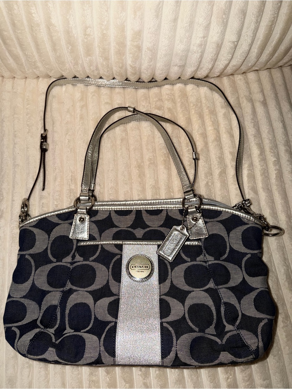 2012 Coach Navy and Gray Signature Shoulder Bag with Silver Accents F17948